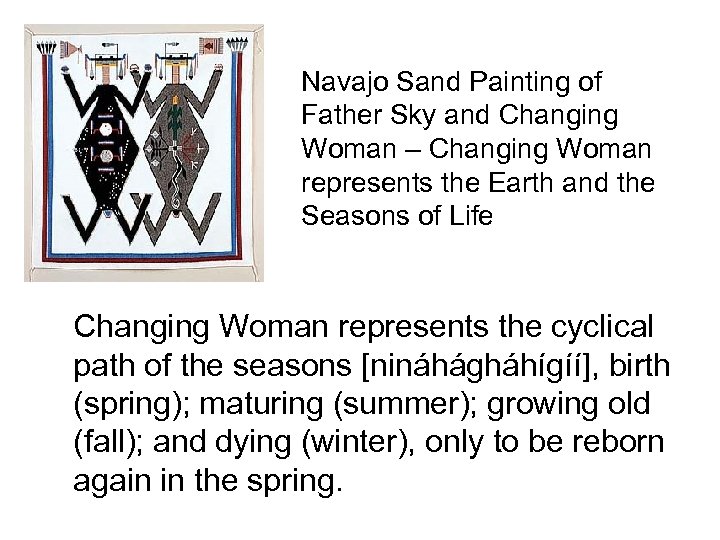 Navajo Sand Painting of Father Sky and Changing Woman – Changing Woman represents the