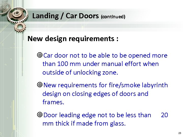 Landing / Car Doors (continued) New design requirements : ¥Car door not to be