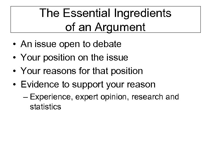 The Essential Ingredients of an Argument • • An issue open to debate Your