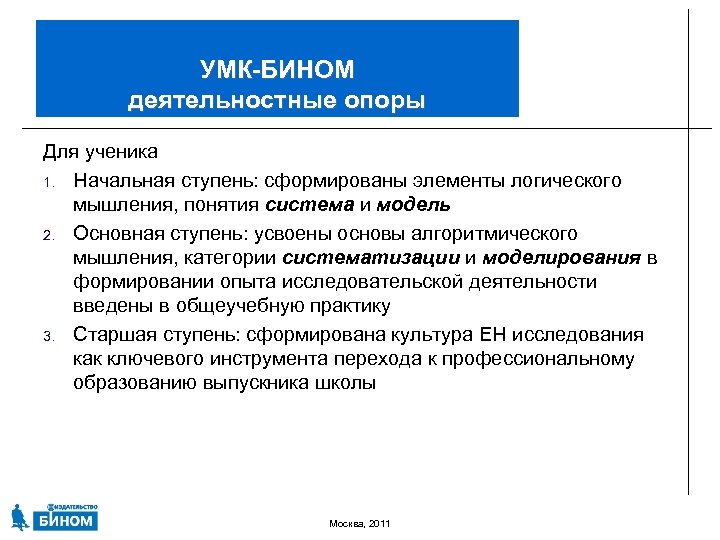 УМК-БИНОМ деятельностные опоры Для ученика 1. Начальная ступень: сформированы элементы логического мышления, понятия система