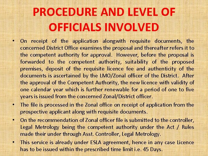 PROCEDURE AND LEVEL OF OFFICIALS INVOLVED • On receipt of the application alongwith requisite