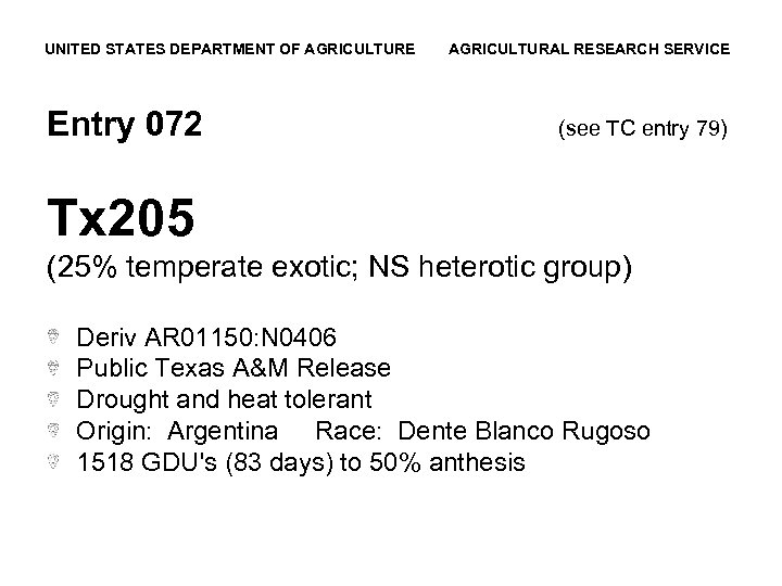 UNITED STATES DEPARTMENT OF AGRICULTURE Entry 072 AGRICULTURAL RESEARCH SERVICE (see TC entry 79)