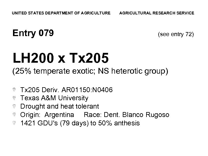 UNITED STATES DEPARTMENT OF AGRICULTURE Entry 079 AGRICULTURAL RESEARCH SERVICE (see entry 72) LH