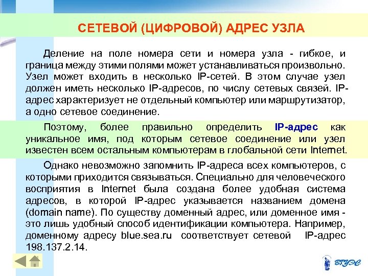 СЕТЕВОЙ (ЦИФРОВОЙ) АДРЕС УЗЛА Деление на поле номера сети и номера узла гибкое, и