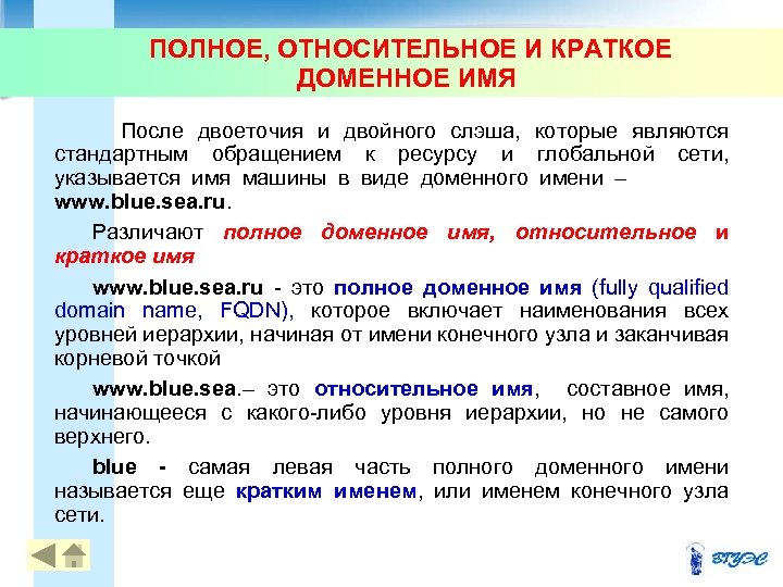 ПОЛНОЕ, ОТНОСИТЕЛЬНОЕ И КРАТКОЕ ДОМЕННОЕ ИМЯ После двоеточия и двойного слэша, которые являются стандартным