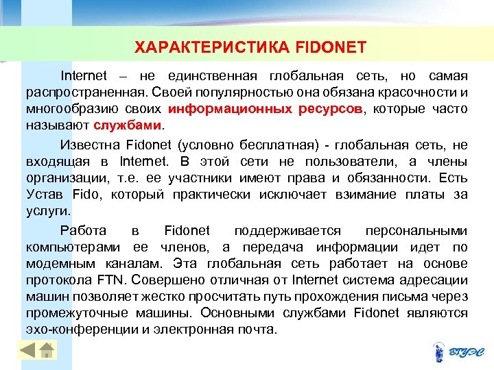 ХАРАКТЕРИСТИКА FIDONET Internet – не единственная глобальная сеть, но самая распространенная. Своей популярностью она