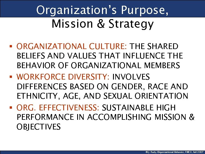 Organization’s Purpose, Mission & Strategy § ORGANIZATIONAL CULTURE: THE SHARED BELIEFS AND VALUES THAT