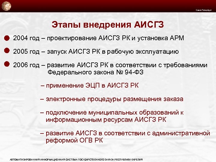 Этапы внедрения АИСГЗ 2004 год – проектирование АИСГЗ РК и установка АРМ 2005 год