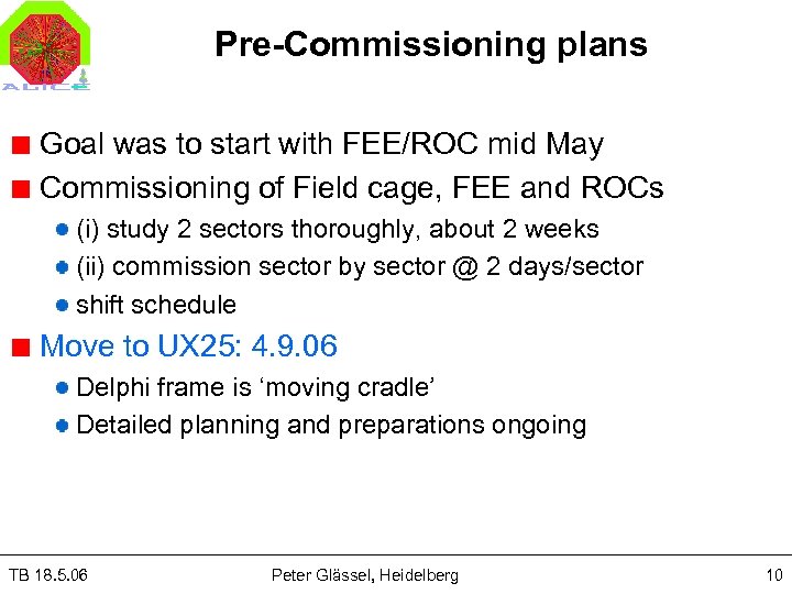 Pre-Commissioning plans Goal was to start with FEE/ROC mid May Commissioning of Field cage,