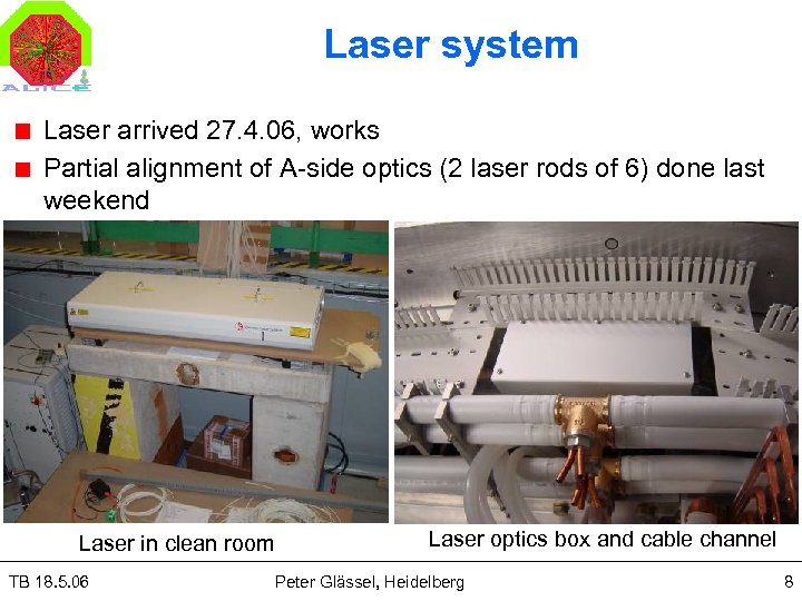 Laser system Laser arrived 27. 4. 06, works Partial alignment of A-side optics (2