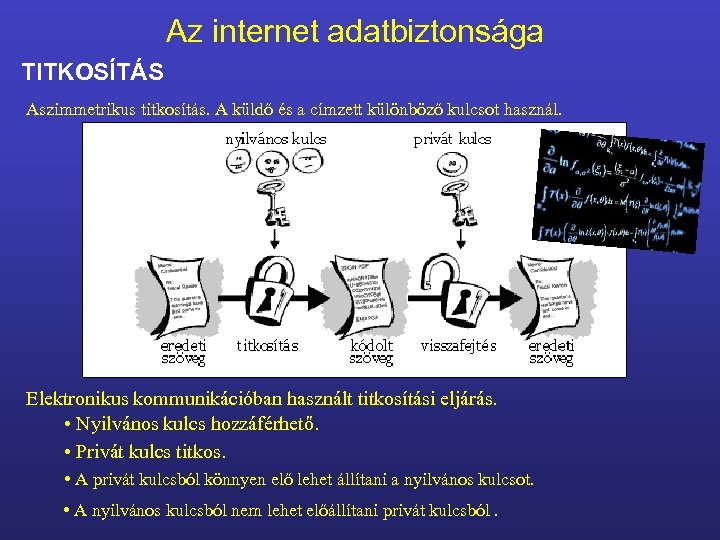 Az internet adatbiztonsága TITKOSÍTÁS Aszimmetrikus titkosítás. A küldő és a címzett különböző kulcsot használ.