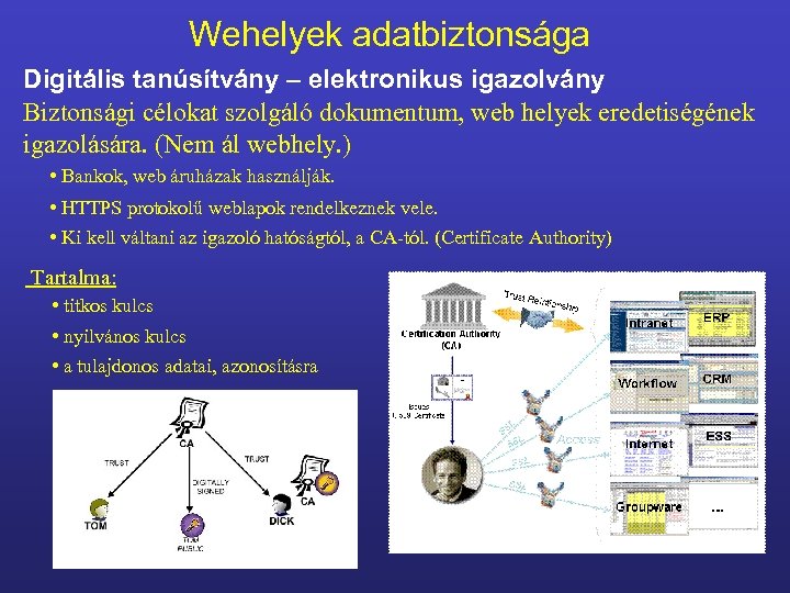Wehelyek adatbiztonsága Digitális tanúsítvány – elektronikus igazolvány Biztonsági célokat szolgáló dokumentum, web helyek eredetiségének