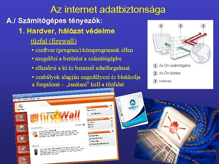 Az internet adatbiztonsága A. / Számítógépes tényezők: 1. Hardver, hálózat védelme tűzfal (firewall) •