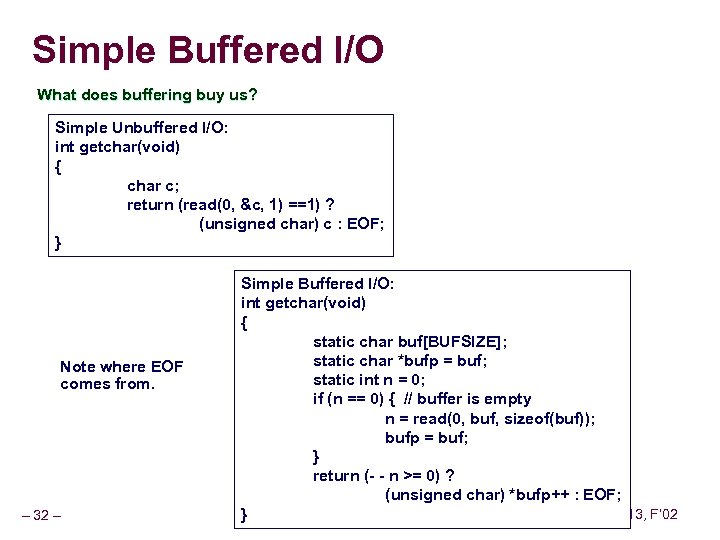 Simple Buffered I/O What does buffering buy us? Simple Unbuffered I/O: int getchar(void) {