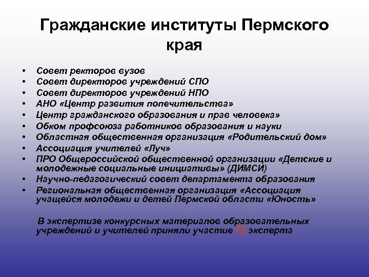 Гражданские институты Пермского края • • • Совет ректоров вузов Совет директоров учреждений СПО