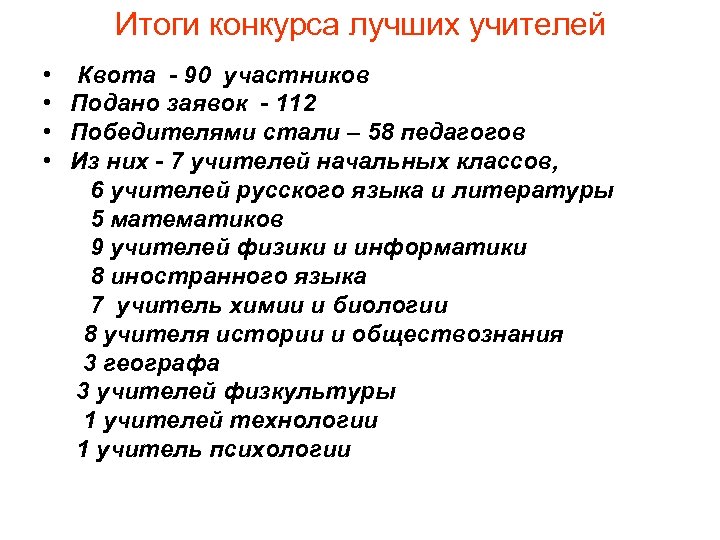 Итоги конкурса лучших учителей • Квота - 90 участников • Подано заявок - 112
