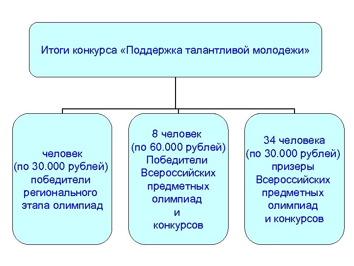 Итоги конкурса «Поддержка талантливой молодежи» человек (по 30. 000 рублей) победители регионального этапа олимпиад