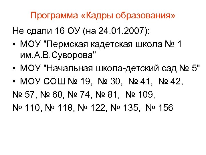 Программа «Кадры образования» Не сдали 16 ОУ (на 24. 01. 2007): • МОУ "Пермская