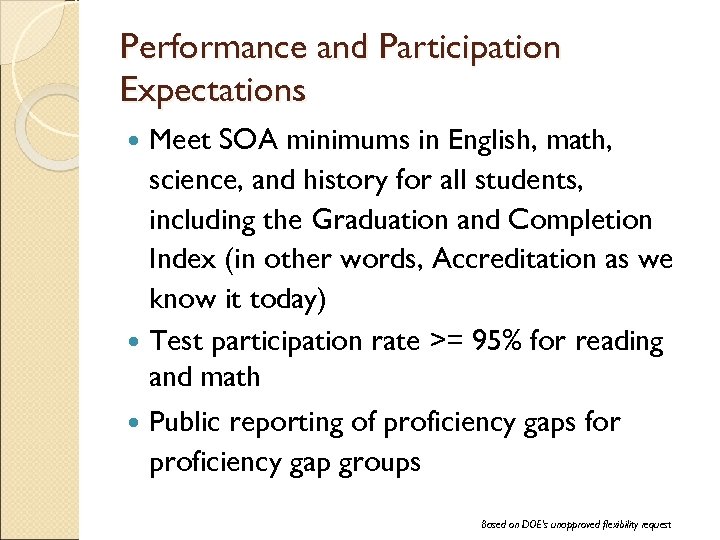Performance and Participation Expectations Meet SOA minimums in English, math, science, and history for