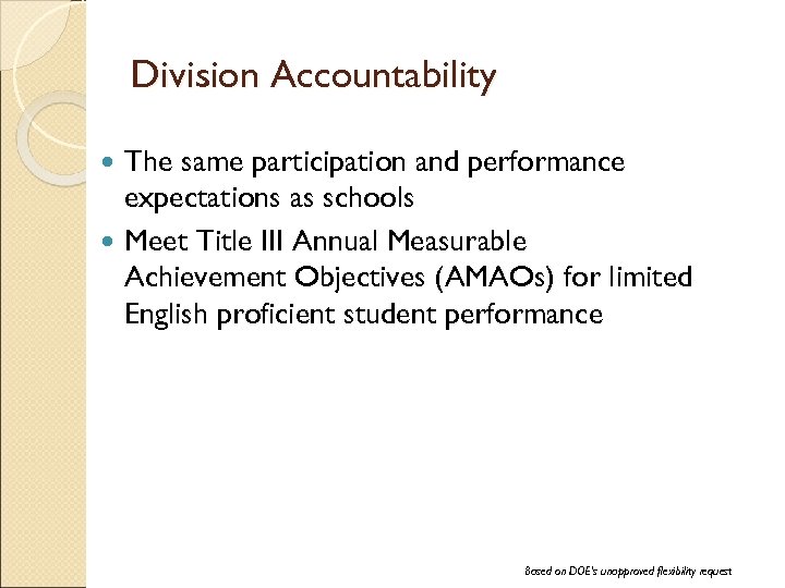 Division Accountability The same participation and performance expectations as schools Meet Title III Annual