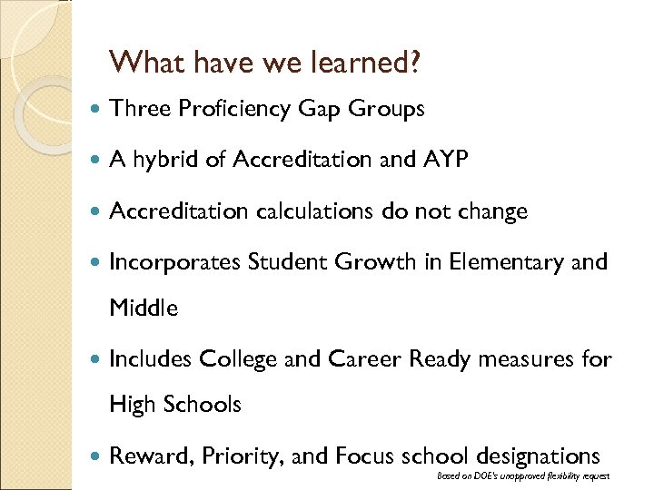 What have we learned? Three Proficiency Gap Groups A hybrid of Accreditation and AYP