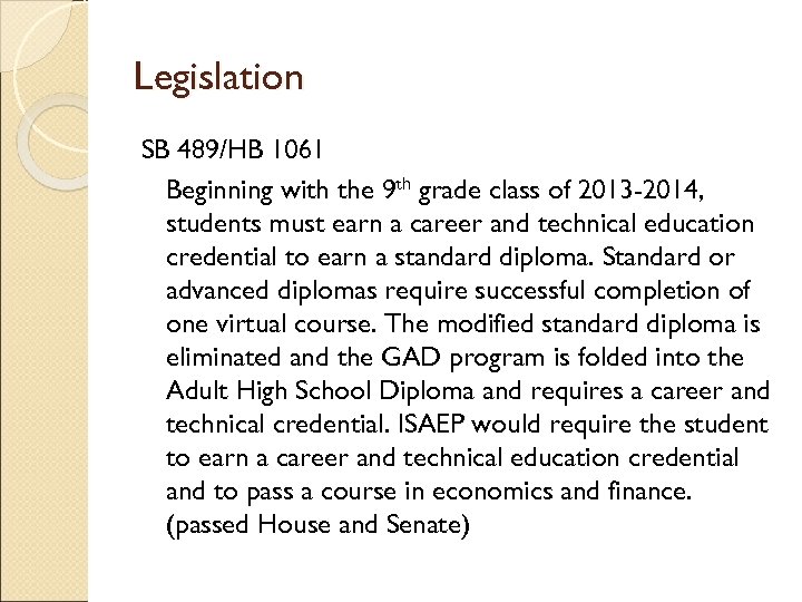 Legislation SB 489/HB 1061 Beginning with the 9 th grade class of 2013 -2014,