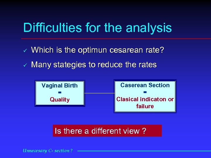 Difficulties for the analysis ü Which is the optimun cesarean rate? ü Many stategies