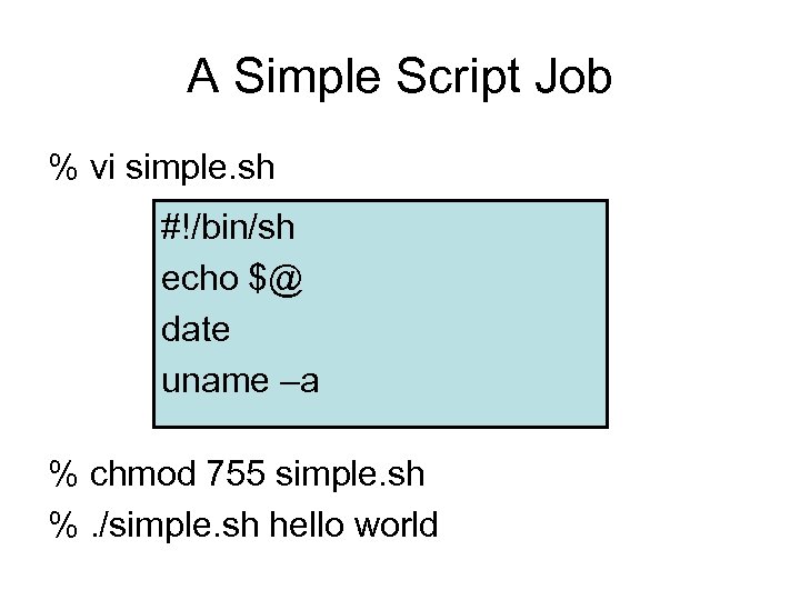 A Simple Script Job % vi simple. sh #!/bin/sh echo $@ date uname –a