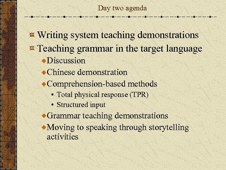 Day two agenda Writing system teaching demonstrations Teaching grammar in the target language Discussion