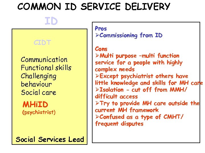 COMMON ID SERVICE DELIVERY ID CIDT Communication Functional skills Challenging behaviour Social care MHi.