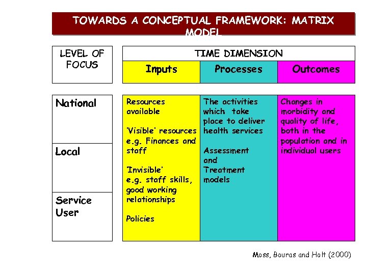 TOWARDS A CONCEPTUAL FRAMEWORK: MATRIX MODEL LEVEL OF FOCUS National Local Service User TIME