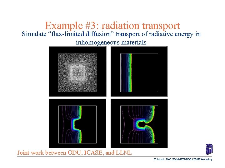 Example #3: radiation transport Simulate “flux-limited diffusion” transport of radiative energy in inhomogeneous materials