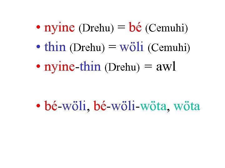  • nyine (Drehu) = bé (Cemuhi) • thin (Drehu) = wöli (Cemuhi) •