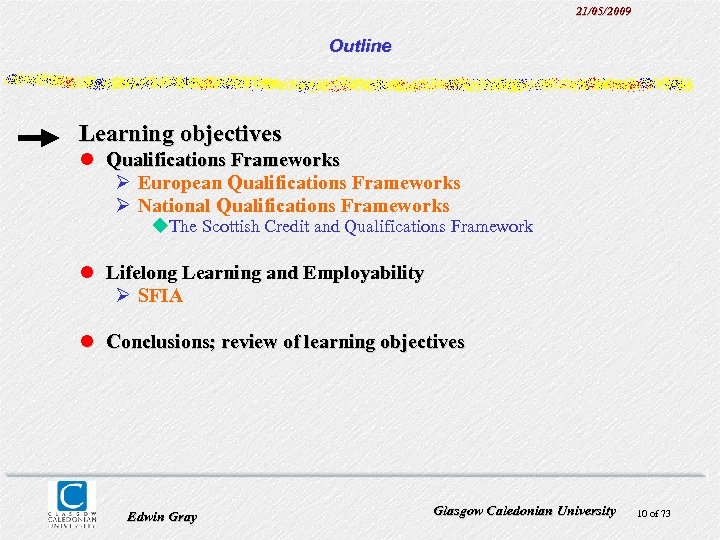 21/05/2009 Outline Learning objectives l Qualifications Frameworks Ø European Qualifications Frameworks Ø National Qualifications
