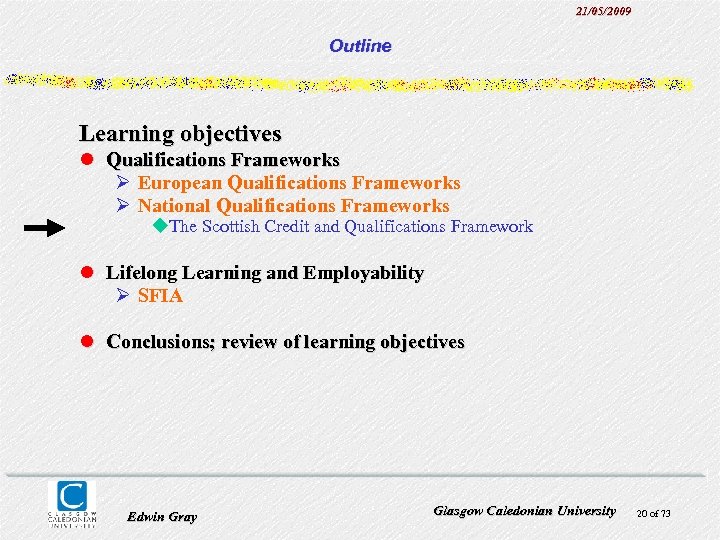 21/05/2009 Outline Learning objectives l Qualifications Frameworks Ø European Qualifications Frameworks Ø National Qualifications