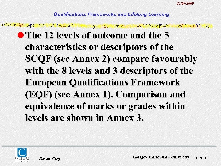 21/05/2009 Qualifications Frameworks and Lifelong Learning l The 12 levels of outcome and the