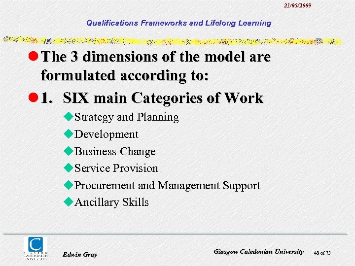 21/05/2009 Qualifications Frameworks and Lifelong Learning l The 3 dimensions of the model are