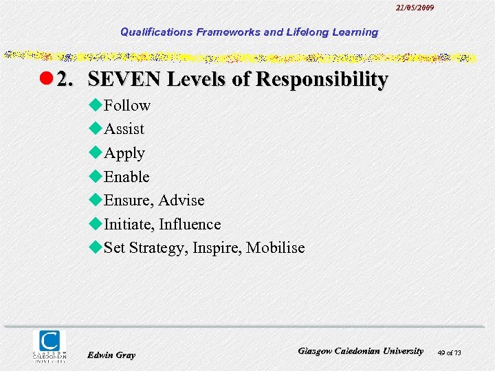 21/05/2009 Qualifications Frameworks and Lifelong Learning l 2. SEVEN Levels of Responsibility u. Follow