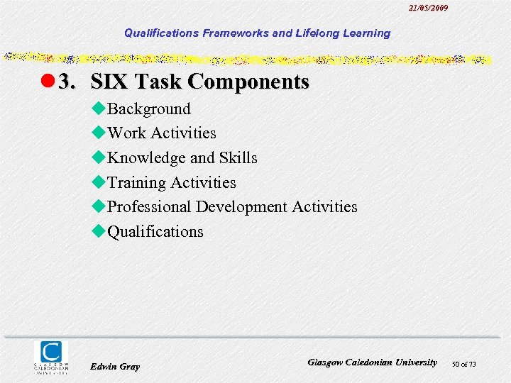 21/05/2009 Qualifications Frameworks and Lifelong Learning l 3. SIX Task Components u. Background u.