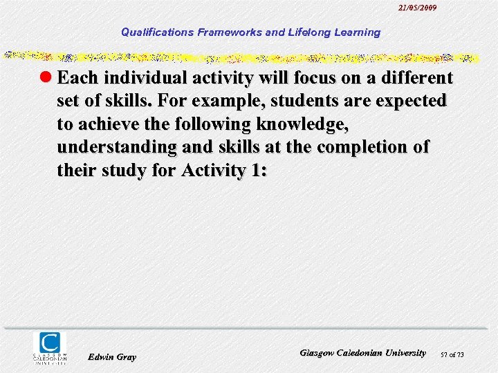 21/05/2009 Qualifications Frameworks and Lifelong Learning l Each individual activity will focus on a