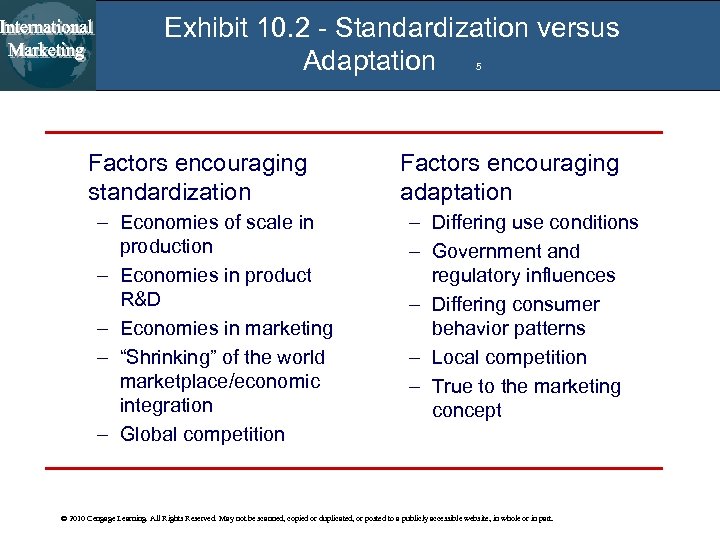 Exhibit 10. 2 - Standardization versus Adaptation 5 Factors encouraging standardization – Economies of