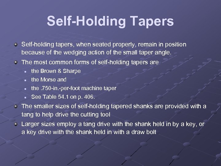 Self-Holding Tapers Self holding tapers, when seated properly, remain in position because of the