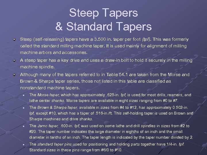 Steep Tapers & Standard Tapers Steep (self releasing) tapers have a 3. 500 in.