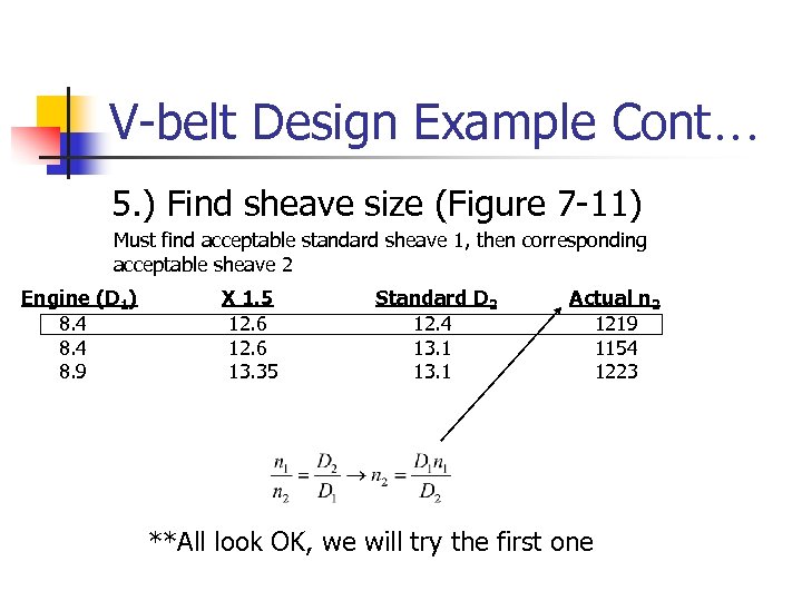 V-belt Design Example Cont… 5. ) Find sheave size (Figure 7 -11) Must find