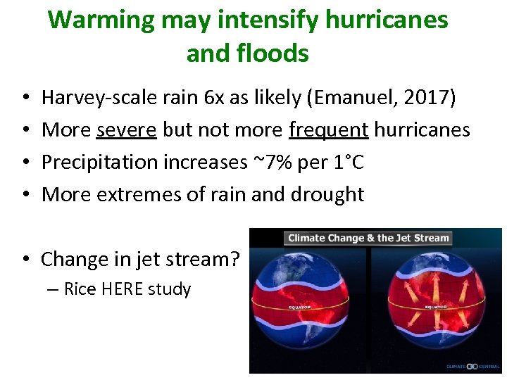 Warming may intensify hurricanes and floods • • Harvey-scale rain 6 x as likely