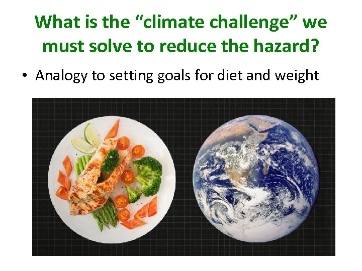 What is the “climate challenge” we must solve to reduce the hazard? • Analogy