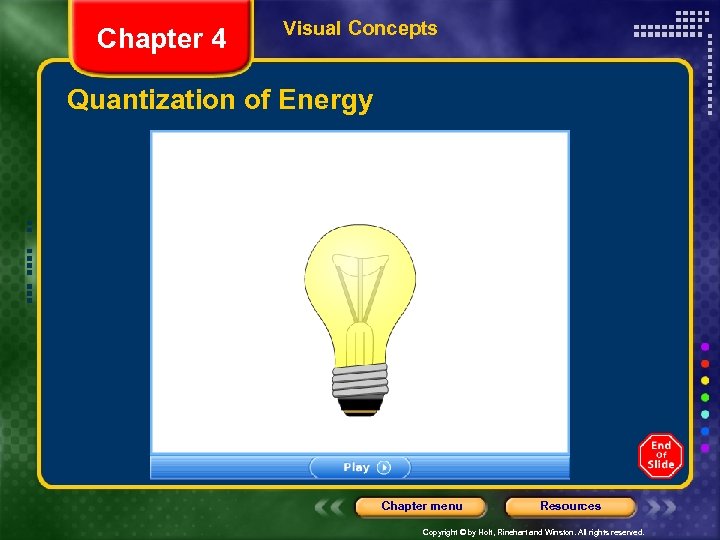 Chapter 4 Visual Concepts Quantization of Energy Chapter menu Resources Copyright © by Holt,