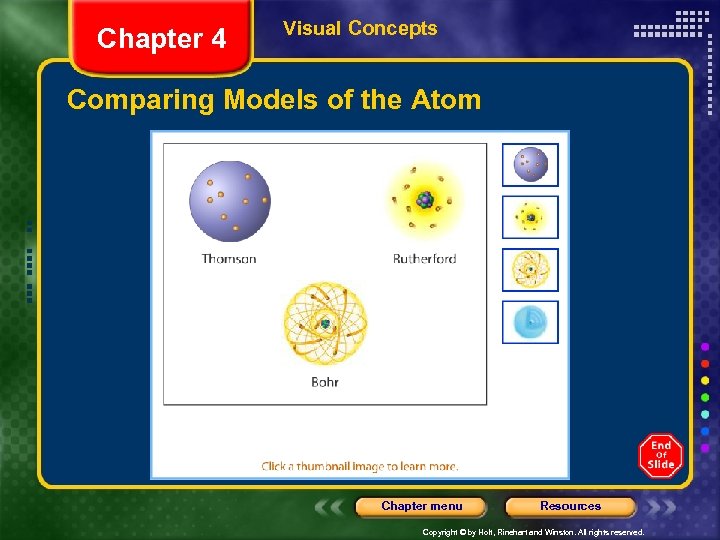 Chapter 4 Visual Concepts Comparing Models of the Atom Chapter menu Resources Copyright ©