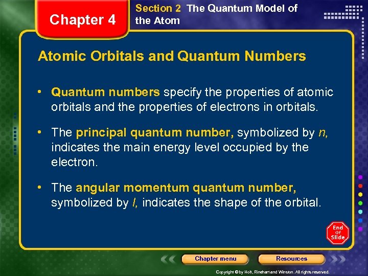 Chapter 4 Section 2 The Quantum Model of the Atomic Orbitals and Quantum Numbers