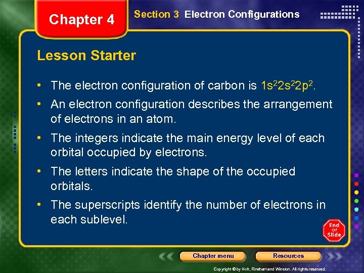 Chapter 4 Section 3 Electron Configurations Lesson Starter • The electron configuration of carbon